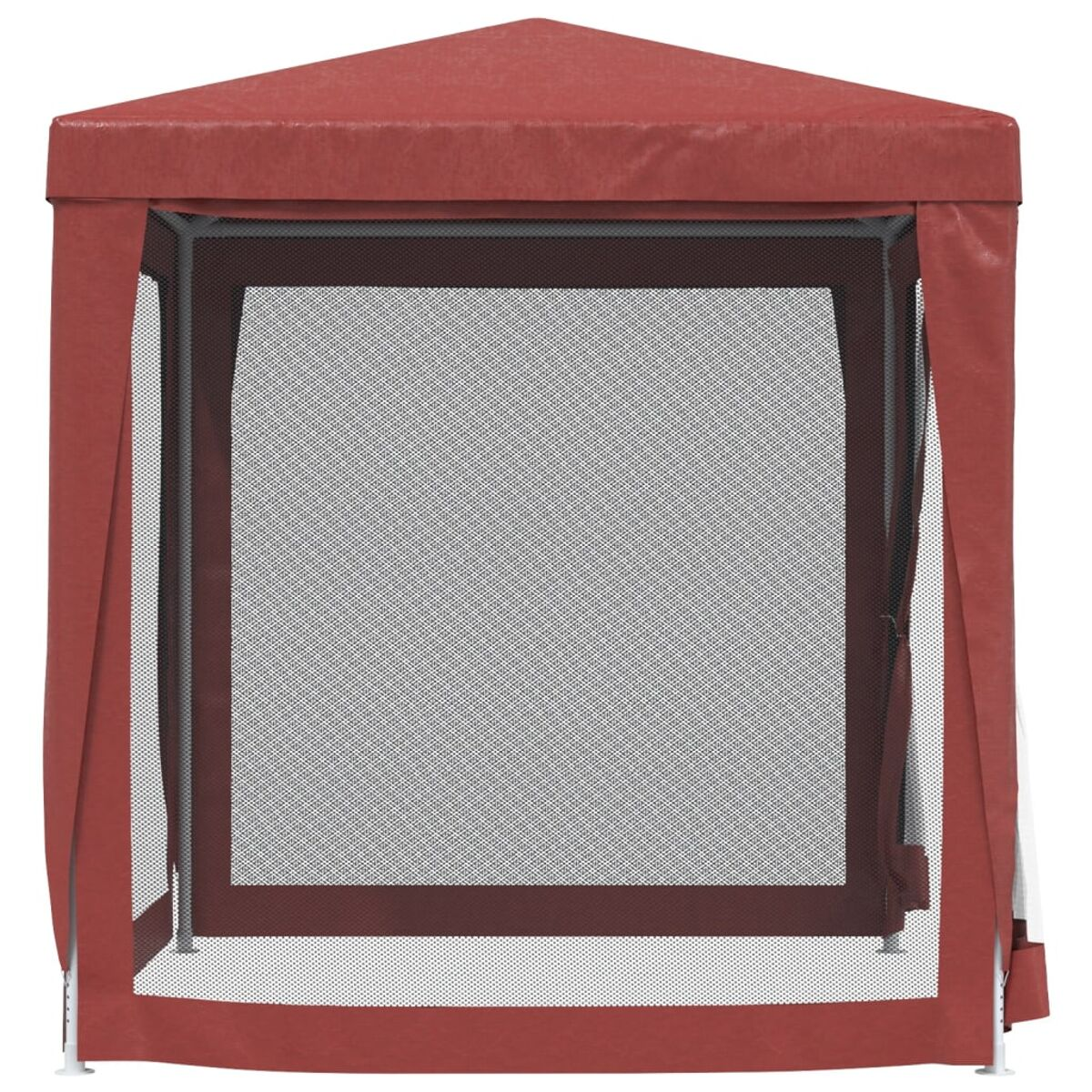 Roter Outdoor-Pavillon mit Mesh-Paneelen und weißem Rahmen. Weißer Hintergrund.