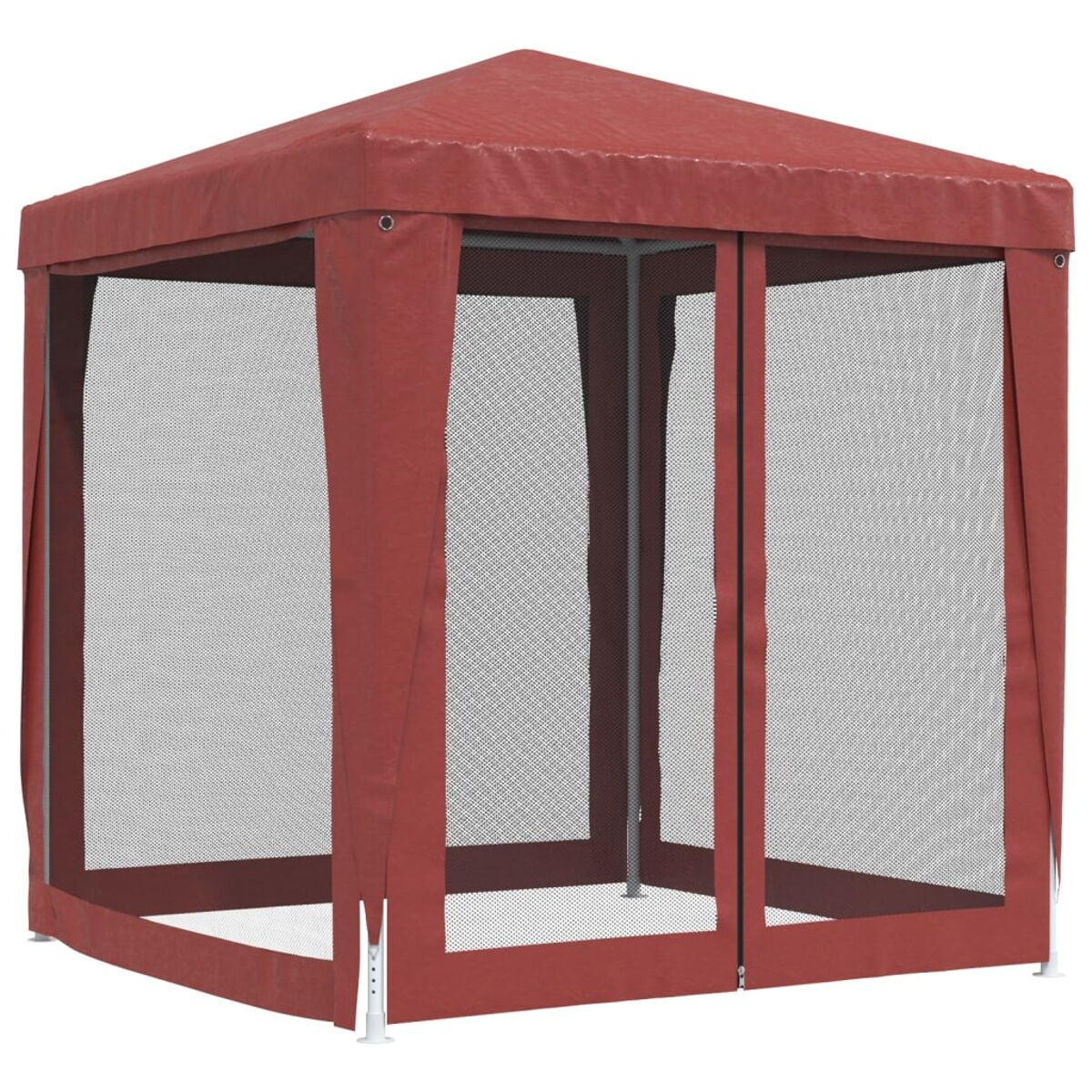 Ein roter Pop-up-Pavillon mit Netzwänden und einem Spitzdach. Er hat eine quadratische Form.