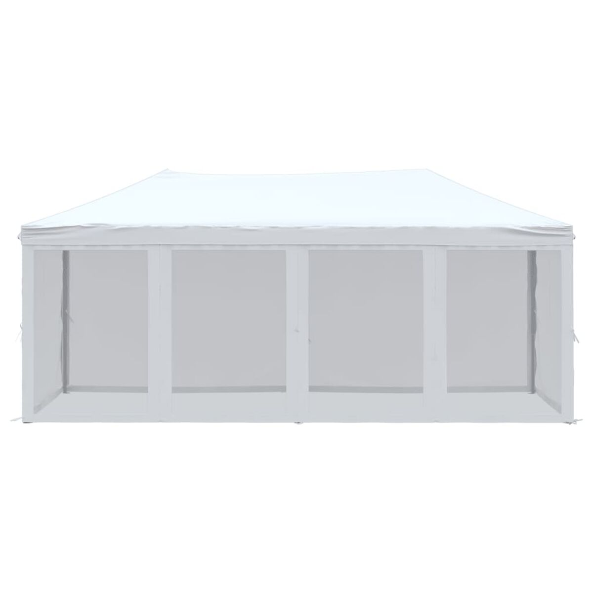 Weißer Outdoor-Pavillon. Rechteckiger Rahmen mit Netzseiten und weißem Dach. Isoliert auf Weiß.