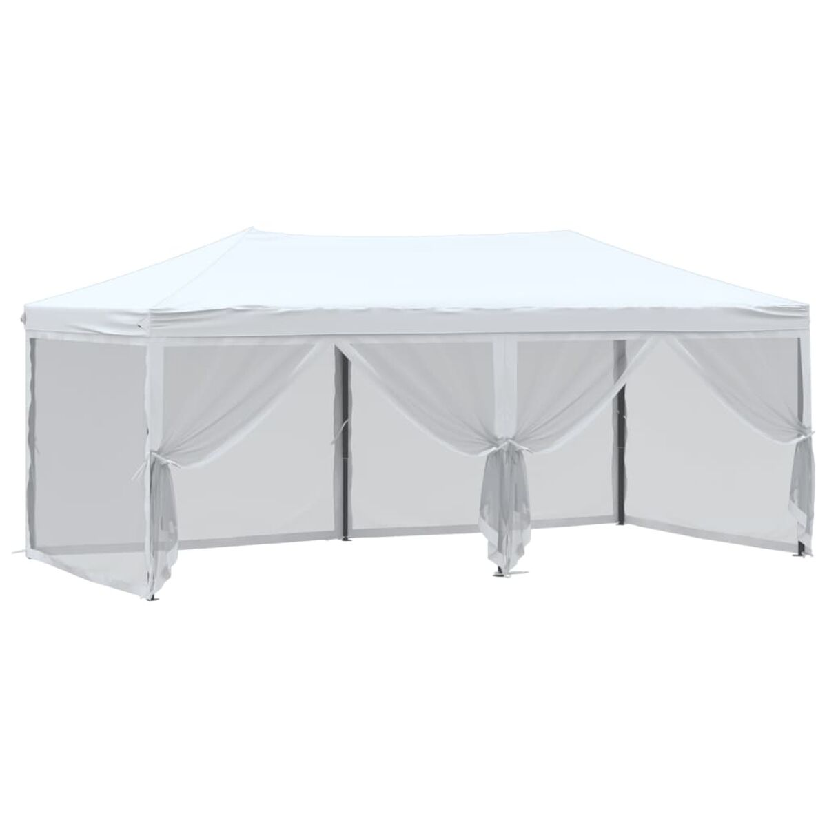 Ein weißer Pop-up-Pavillon mit transparenten Vorhängen, vor weißem Hintergrund. Es ist eine einfache, rechteckige Struktur.