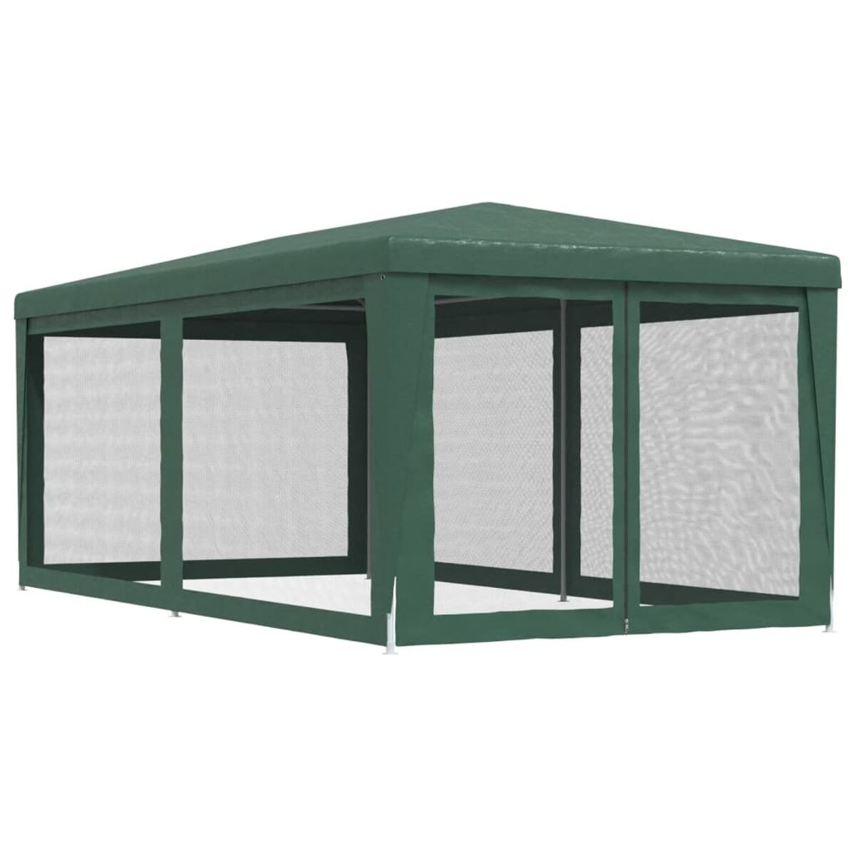 Grüner Pavillon mit Netzwänden und Dach, auf weißem Untergrund.