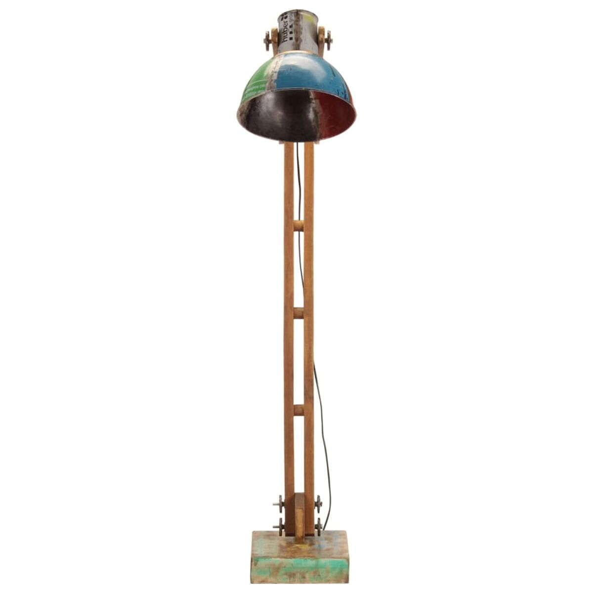 Stehlampe mit mehrfarbigem Schirm und Holzstange auf weißem Sockel.