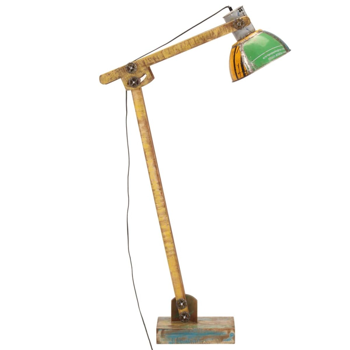 Gelbe und abgenutzte Stehlampe mit grün-orangenem Lampenschirm. Schwarzes Kabel verläuft nach unten.