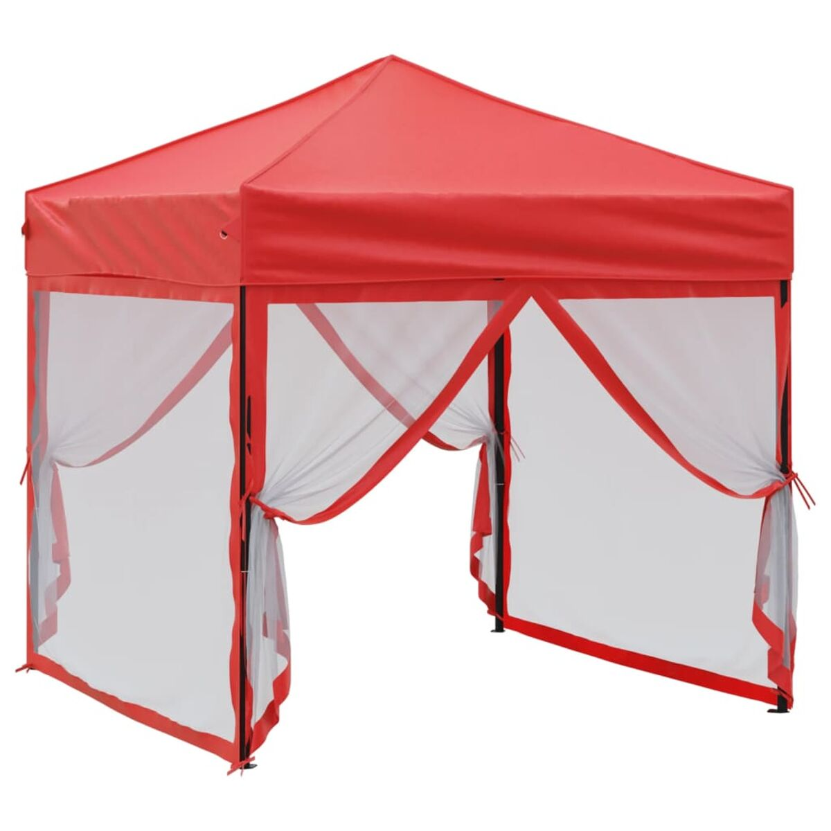 Ein rotes Pop-up-Zelt mit weißen Netzseiten und rotem Dach.