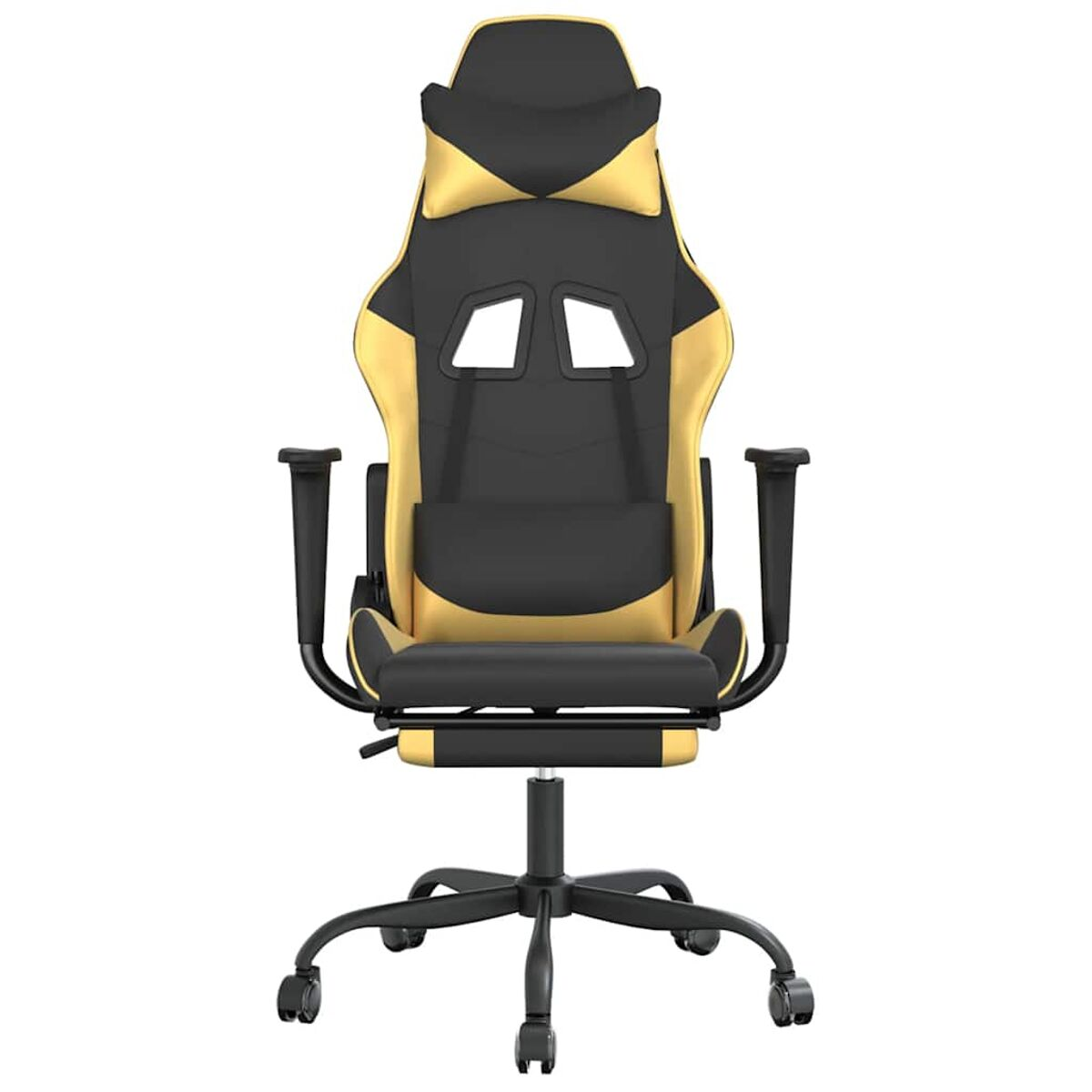 Una sedia da gaming gialla e nera con schienale alto, poggiatesta e braccioli. La sedia ha le ruote.