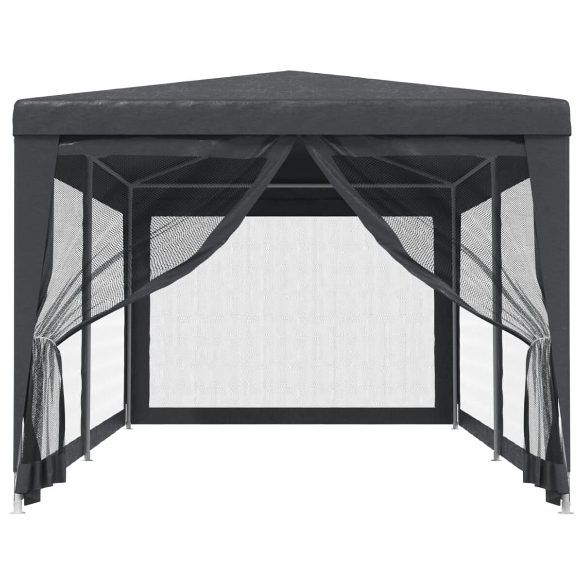 Dunkelgrauer Pavillon mit Netzgittern und Vorhängen. Weißer Hintergrund.