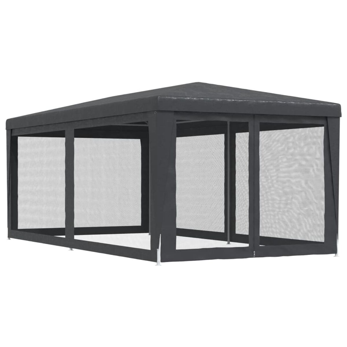 Ein Pavillon mit Gitternseiten und einem dunklen Dach, auf einer Betonoberfläche.