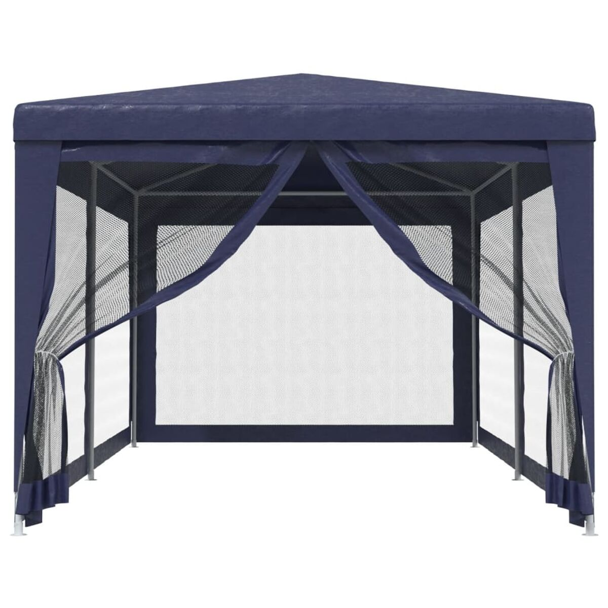 Ein blauer Pavillon mit Netz und Vorhängen, offene Front auf weißem Hintergrund.