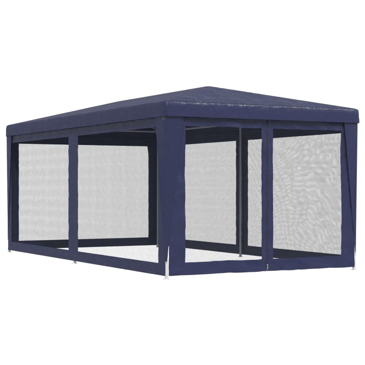 Blauer rechteckiger Pavillon mit Netzwänden. Weißes Gestell und Dach, ideal für Außenbereiche.