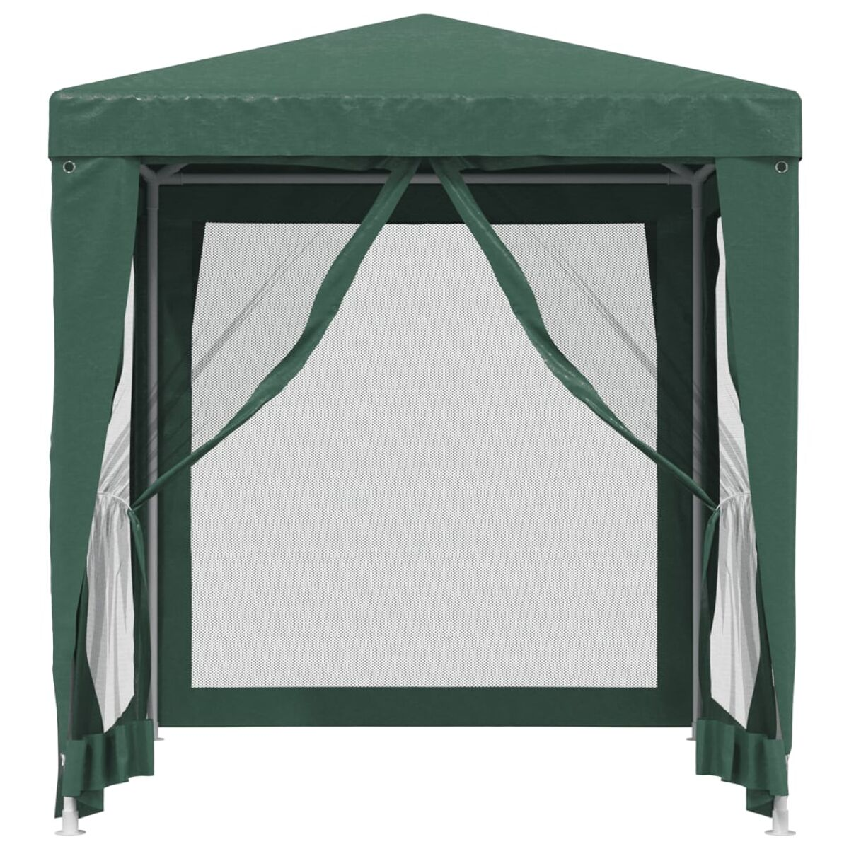 Grüner Pavillon. Grünes Dach und Zierleisten, weißer Rahmen, weißer Netz-Hintergrund.