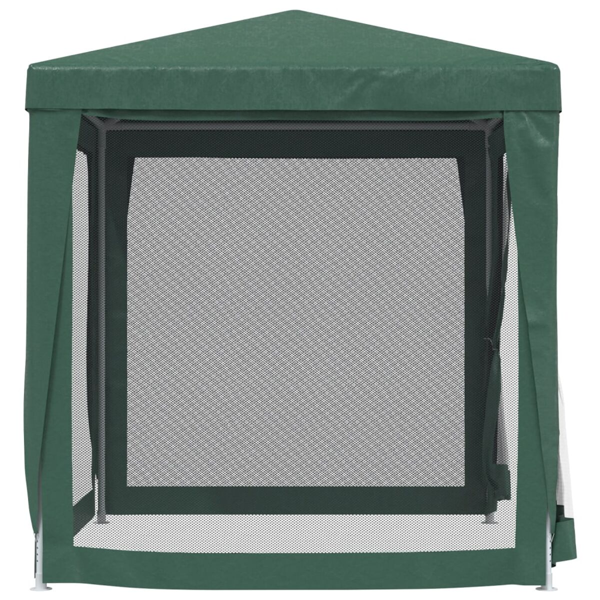 Grüner Outdoor-Pavillon mit Spitzdach und Gitternetzseiten. Für den Außenbereich konzipiert.