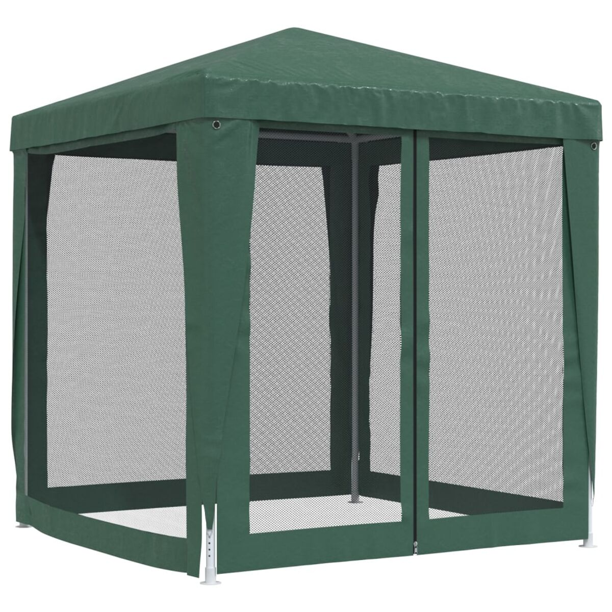 Grüner quadratischer Pavillon mit Netzwänden.
