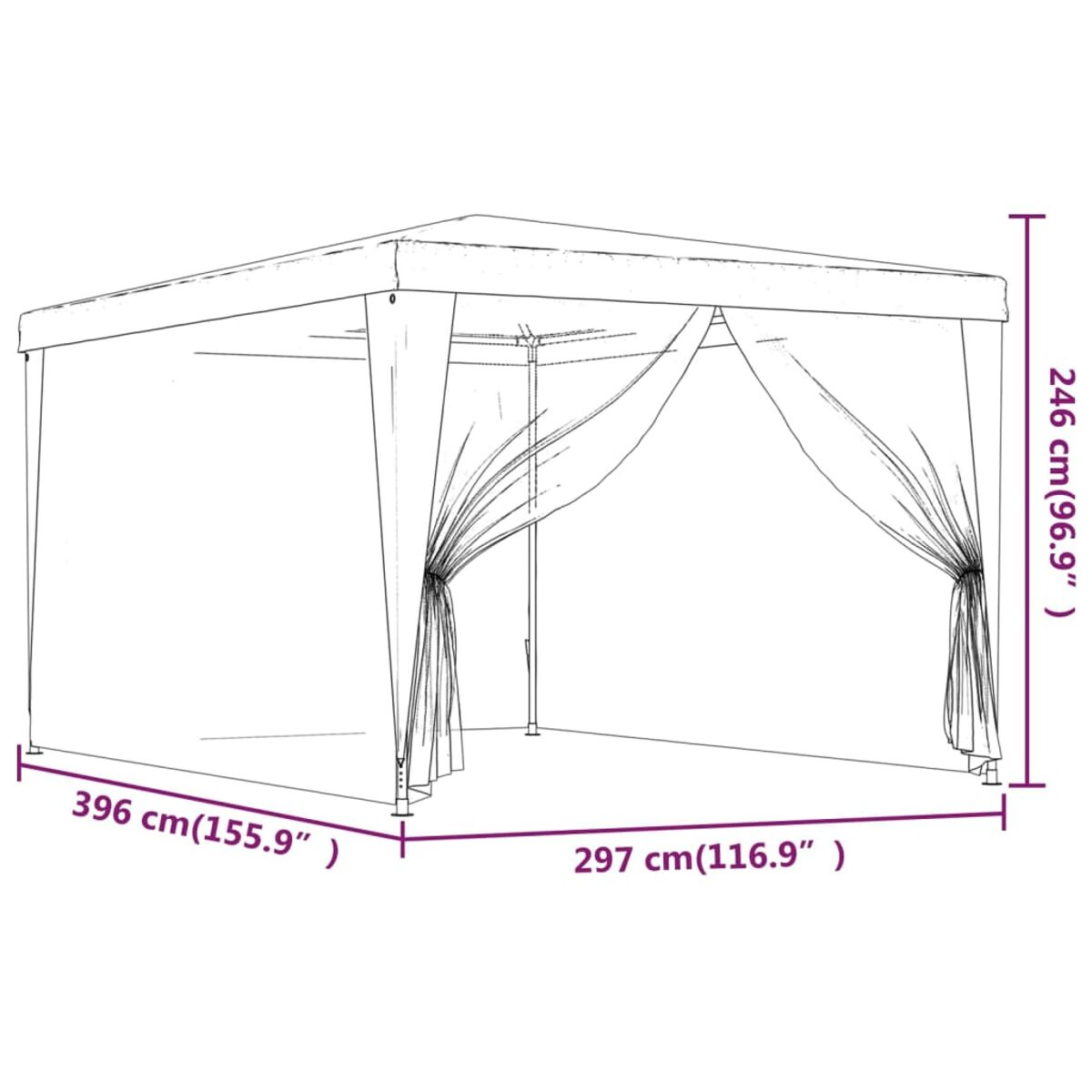 Ein großer weißer Pavillon mit angegebenen Abmessungen. Er hat Vorhänge, auf weißer Oberfläche.