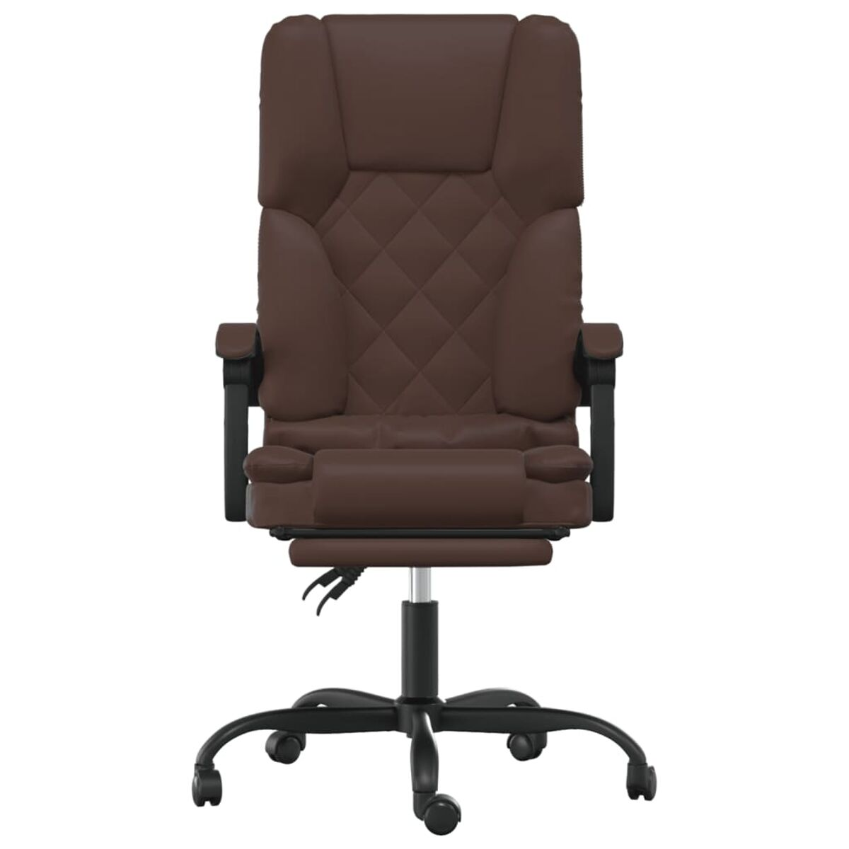 Ein brauner Bürostuhl mit hohem Rücken, schwarzem Fuß und Armlehnen. Er hat Rollen.