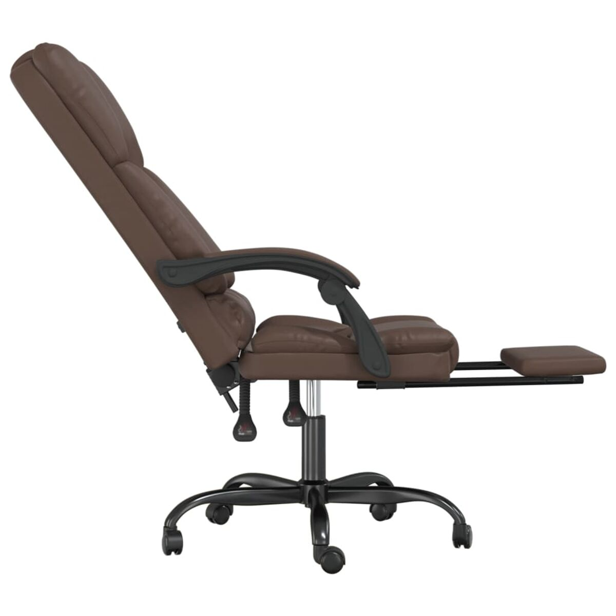 Brauner Leder-Relax-Sessel mit ausgeklappter Fußstütze, zeigt verstellbare Funktionen und schwarzen Sockel.