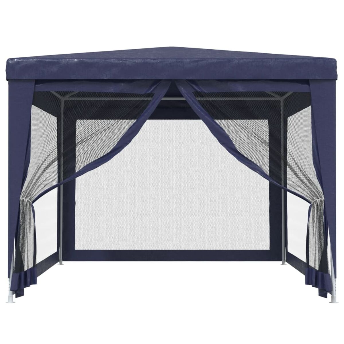 Blauer Pavillon mit Spitzdach, Netzseiten und drapierten Vorhängen am Eingang.