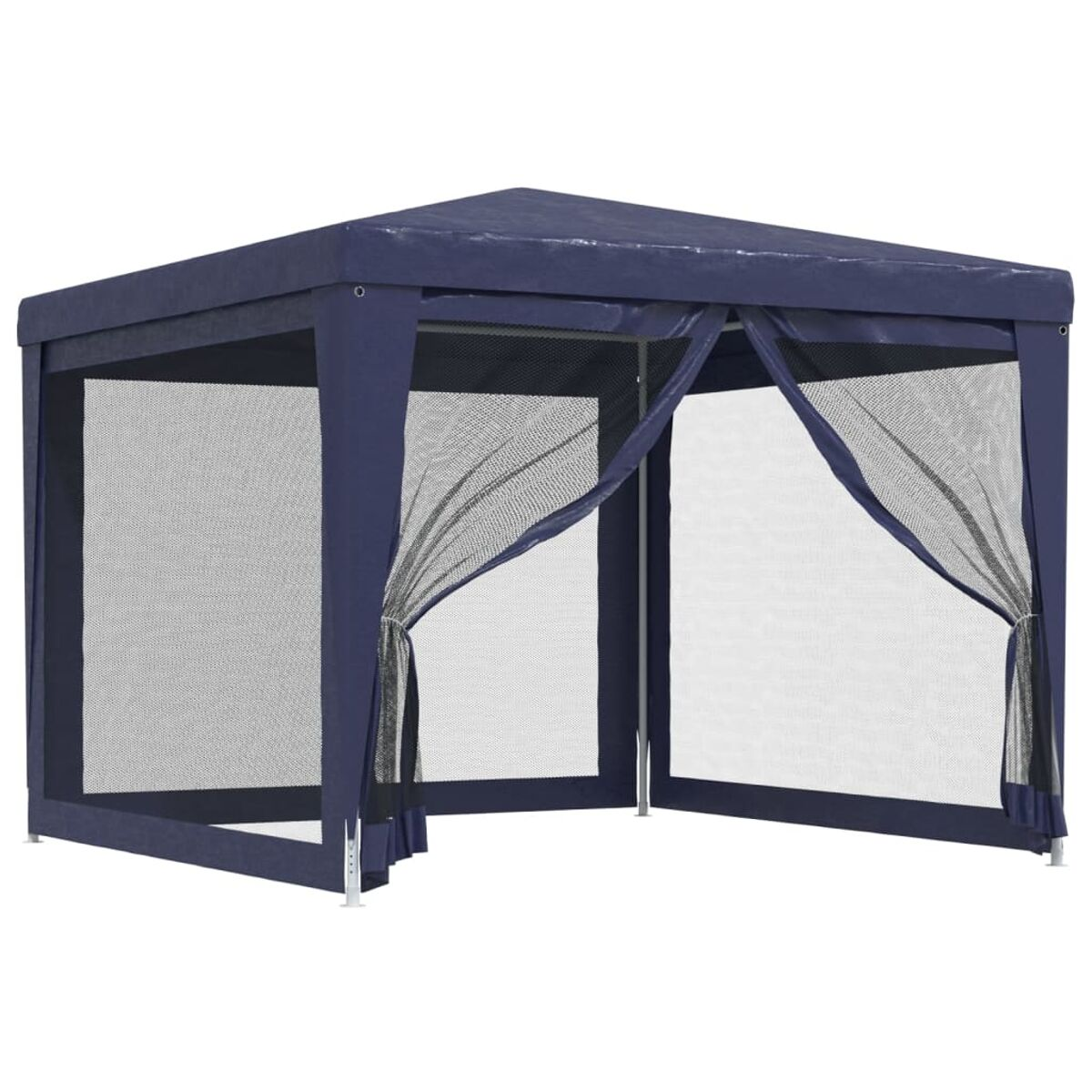 Blauer Pavillon mit Netzseiten und Vorhängen. Die Oberseite ist ebenfalls blau und quadratisch.