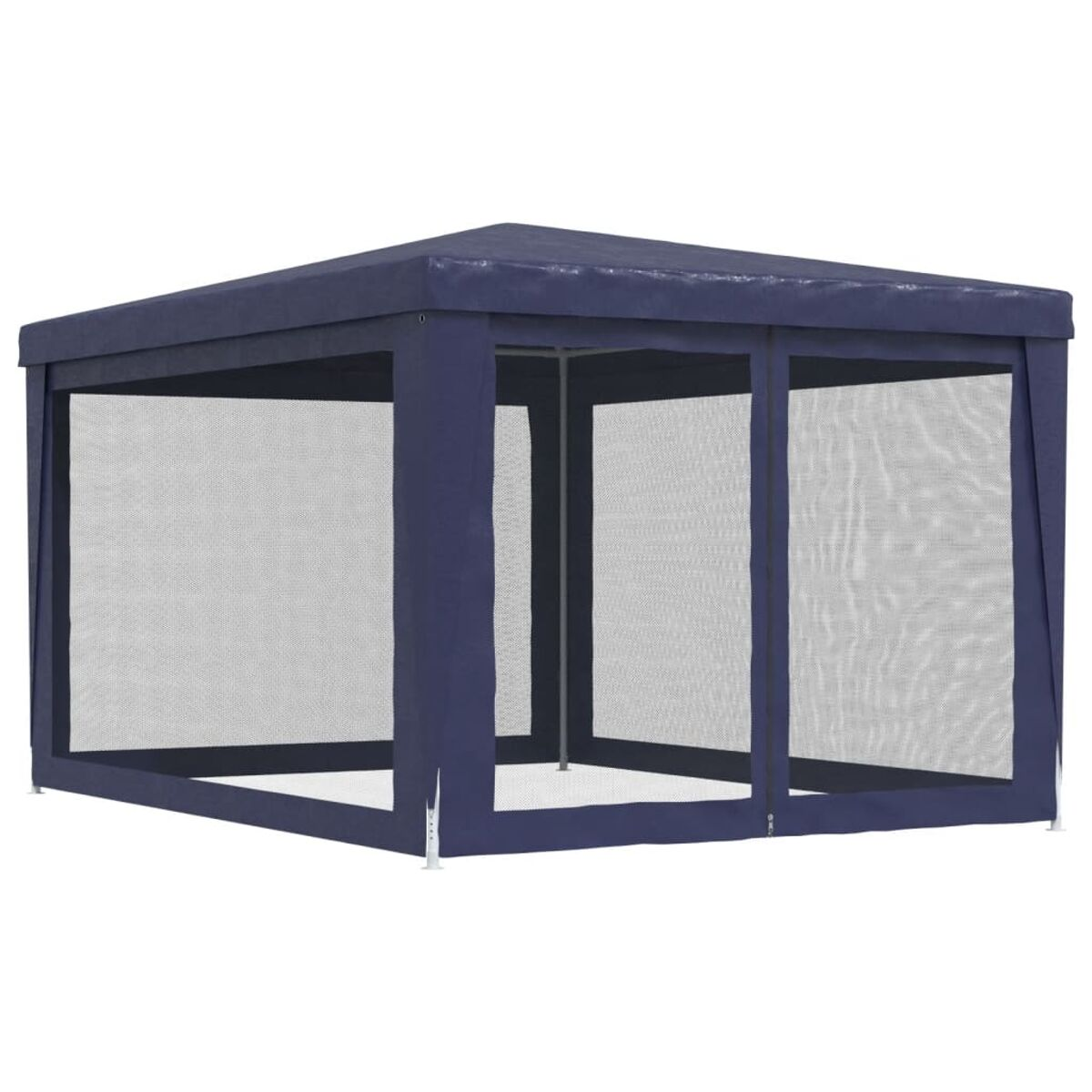 Blauer Outdoor-Pavillon. Rechteckiger Rahmen mit Netzseiten und blauem Dach. Isoliert auf Weiß.
