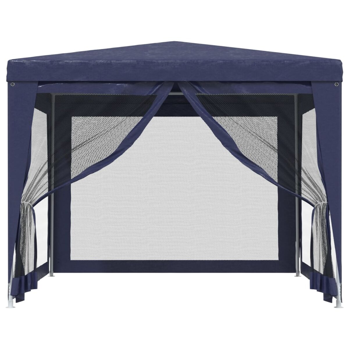 Ein blauer Pavillon mit einem Netzgitter. Weißer Hintergrund.