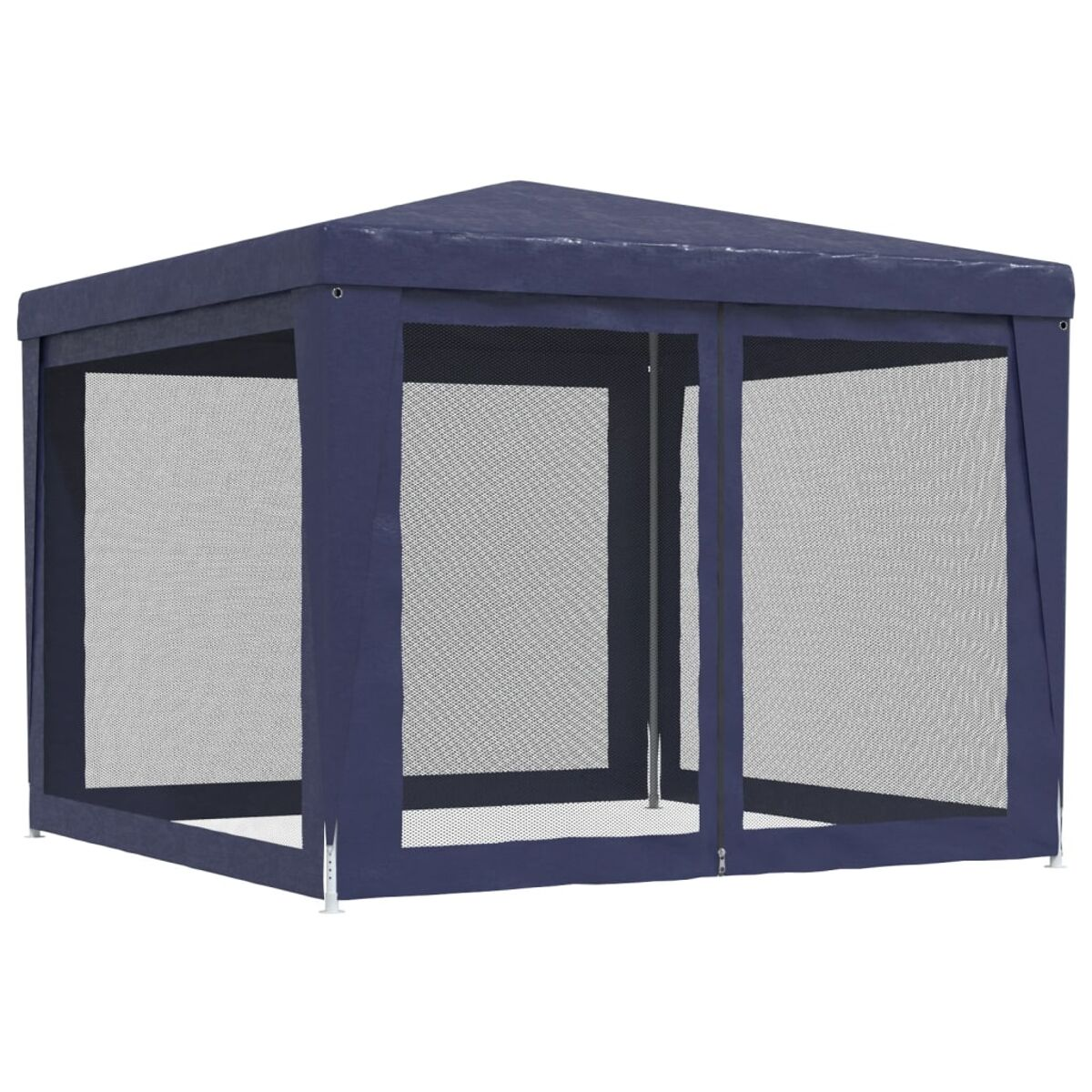 Ein marineblauer Pavillon mit Netz. Er hat ein spitzes Dach. Er steht auf weißem Untergrund.