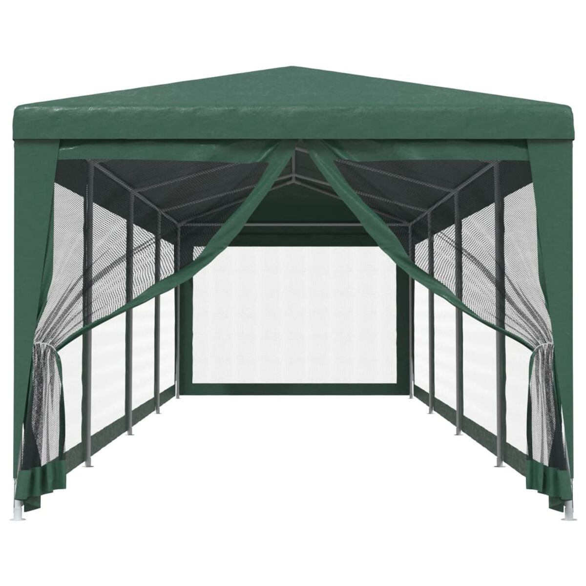 Grüner Pavillon. Er hat ein grünes Dach, Maschenseiten und einen offenen Eingang.
