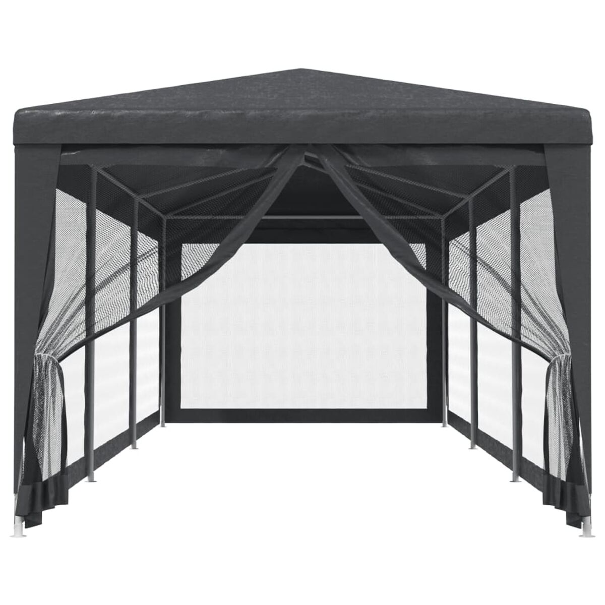 Un gazebo grigio con lati in rete e tende. È su uno sfondo bianco.