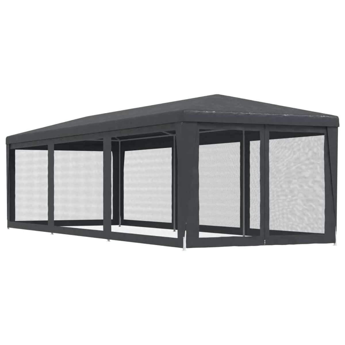 Gazebo grigio da esterno con lati in rete, tetto grigio scuro e sfondo bianco.