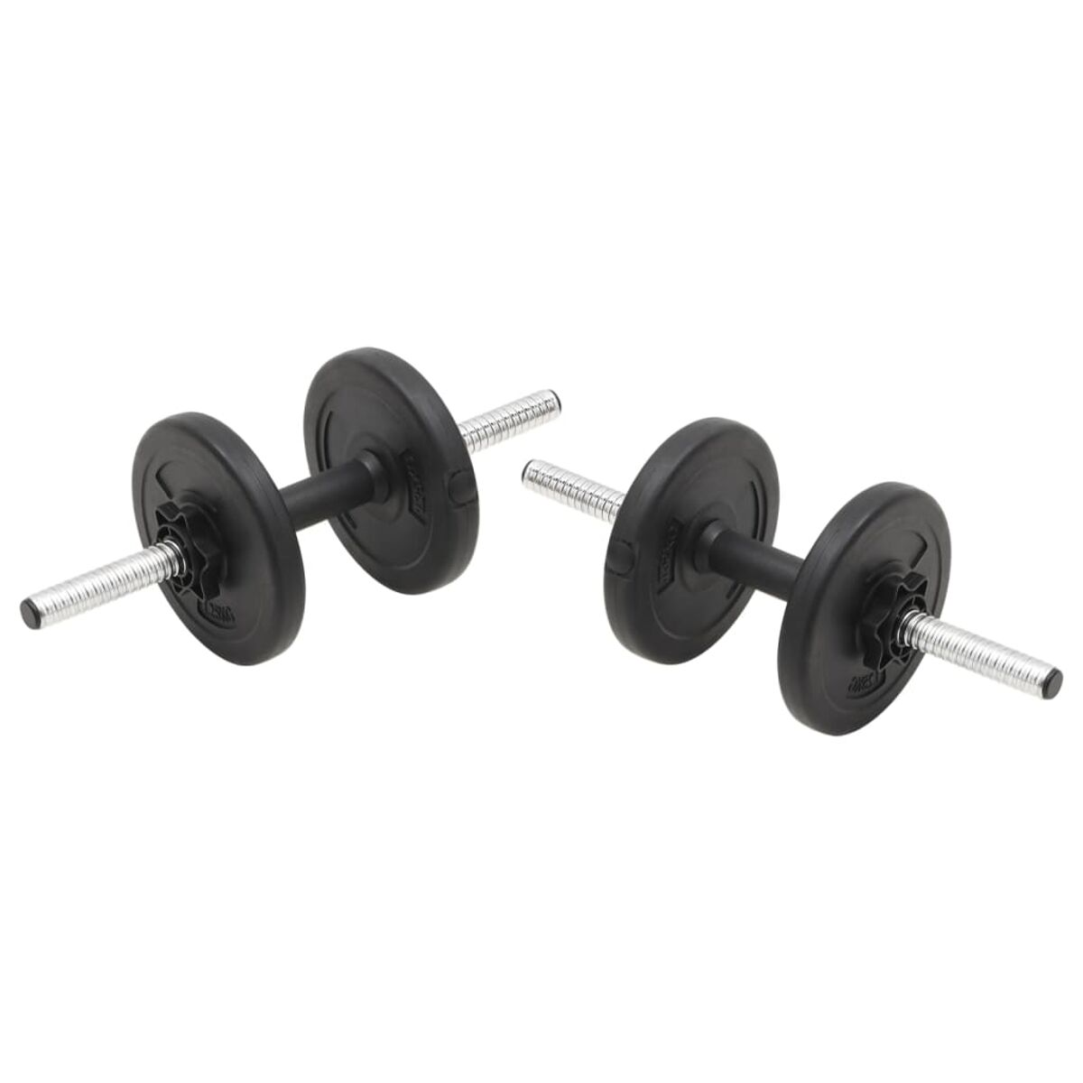 Zwei schwarze Kurzhanteln mit schwarzen Gewichten. Silberne Griffe, perfekt für Krafttraining.