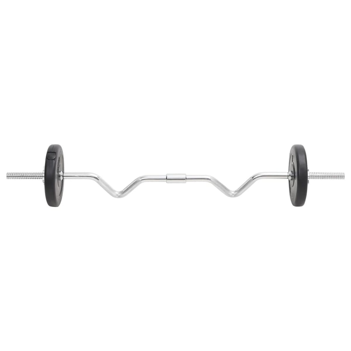 Eine Langhantel mit Gewichten auf weißem Hintergrund, bereit für den Einsatz im Fitnessstudio oder beim Training.