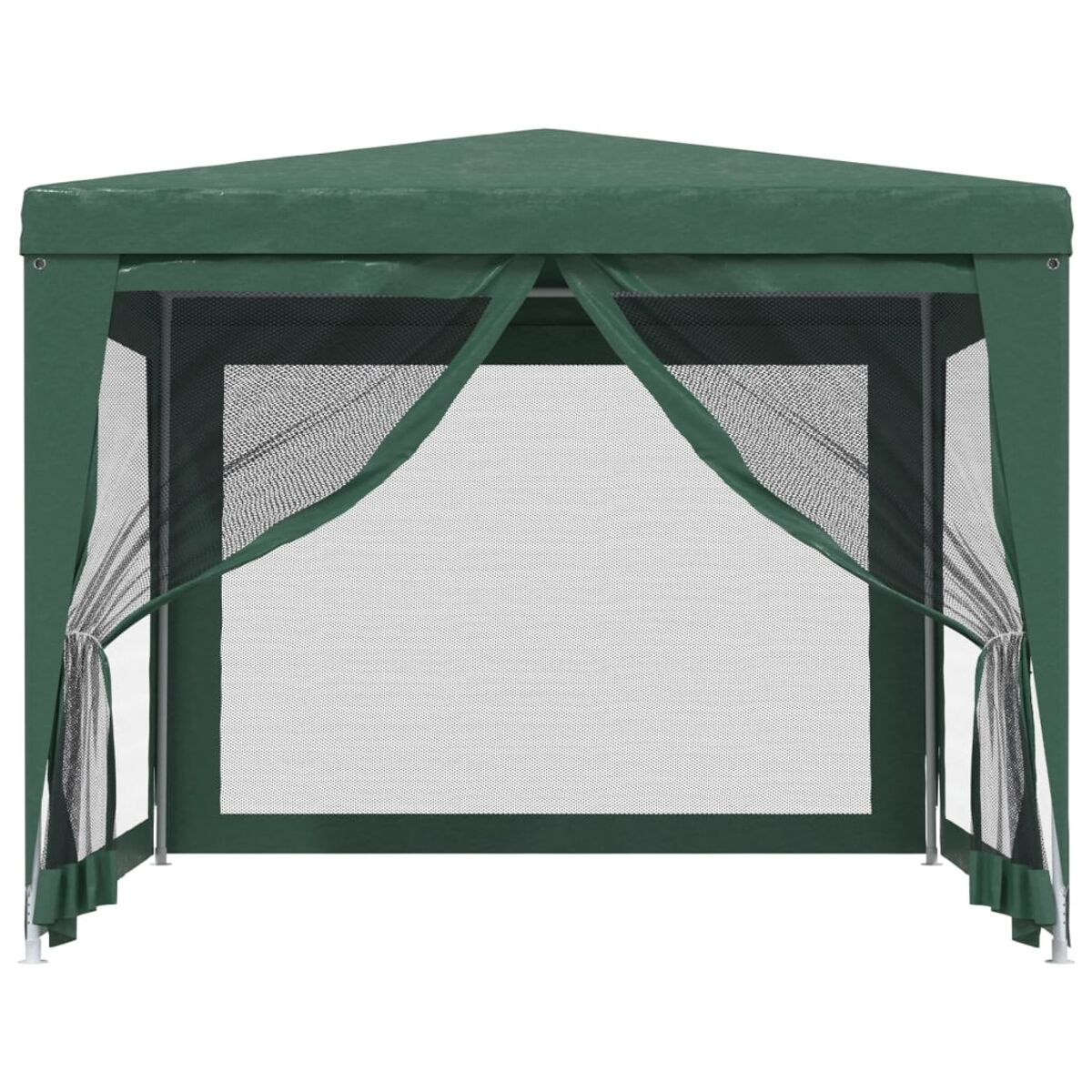 Ein grüner Pavillon mit Gittern und einem dreieckigen Dach, vor weißem Hintergrund.