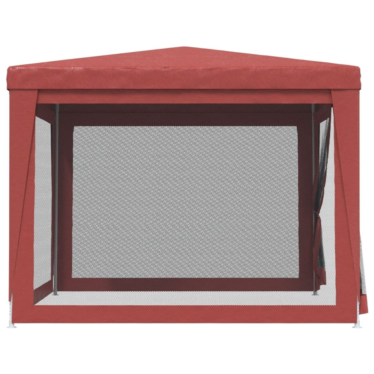 Roter Pavillon mit Netzwänden. Weiße Pfosten stützen die Struktur. Das Dach ist dreieckig.