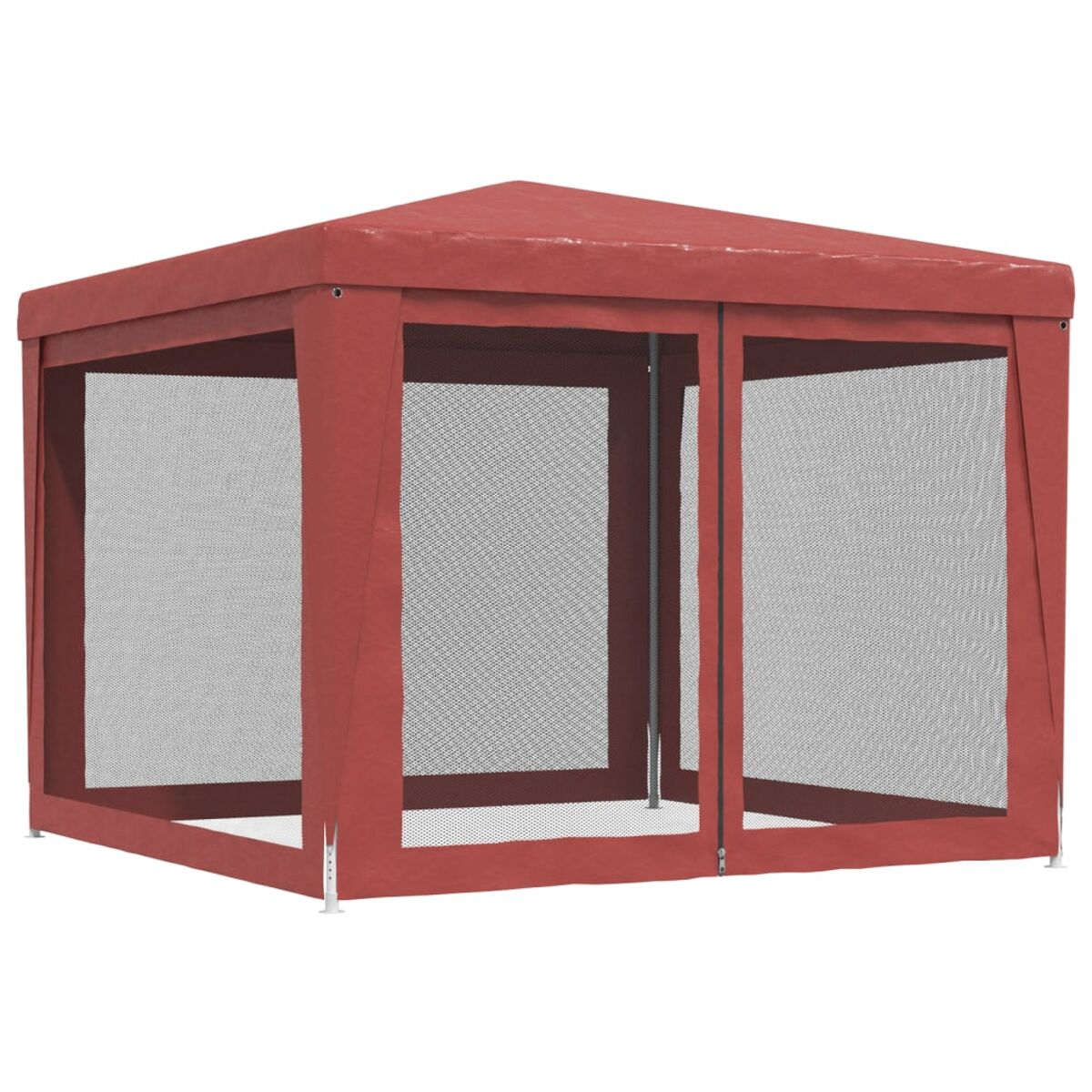 Roter Pavillon mit Gitterseiten und Spitzdach. Der Pavillon ist quadratisch.