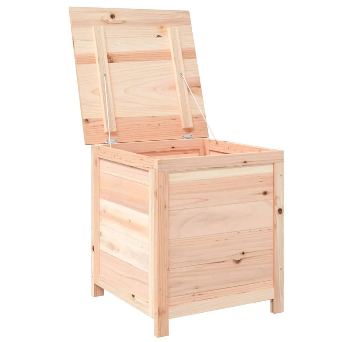 Holz-Stauraumtruhe mit offenem Deckel. Hellfarbenes Holz und quadratische Form.