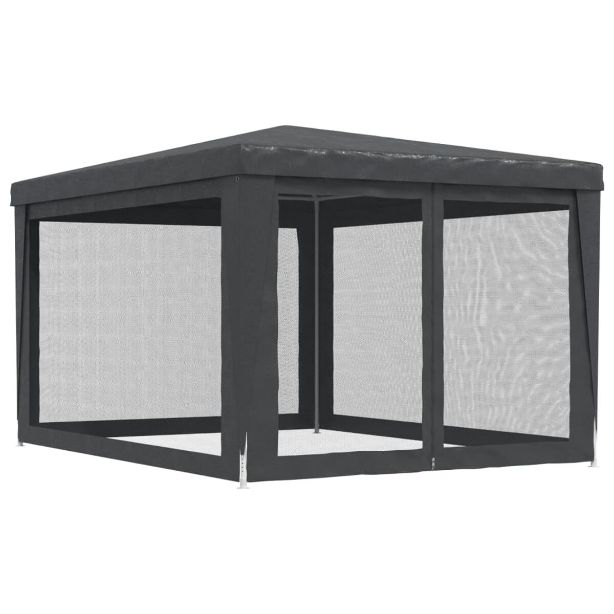 Dunkelgrauer quadratischer Pavillon mit Netzseiten.