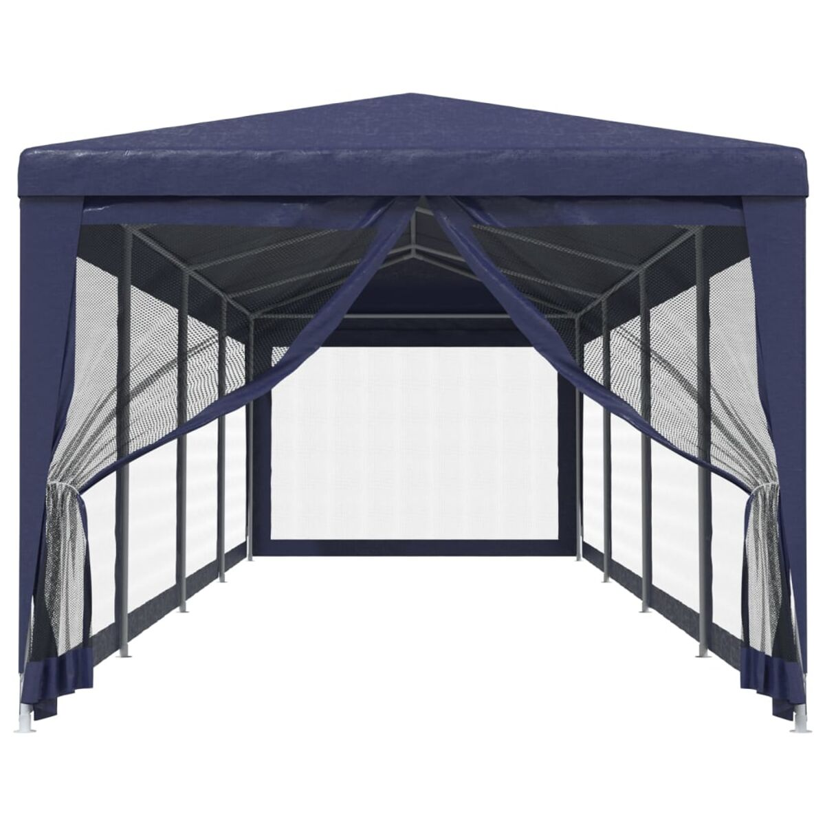 Ein dunkelblauer Pavillon mit weißen Netzseiten und einem weißen Dach. Der Hintergrund ist weiß.