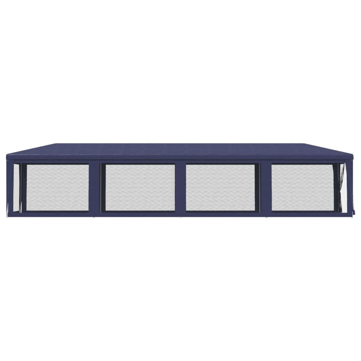 Ein marineblaues Outdoor-Zeltdach. Es hat weiße Mesh-Fenster und eine rechteckige Form.