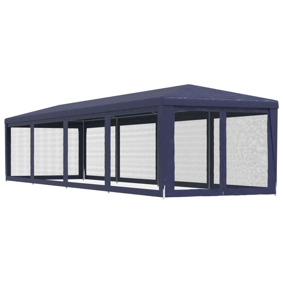 Blauer Pavillon mit Seiten aus Netz und einem schrägen Dach.