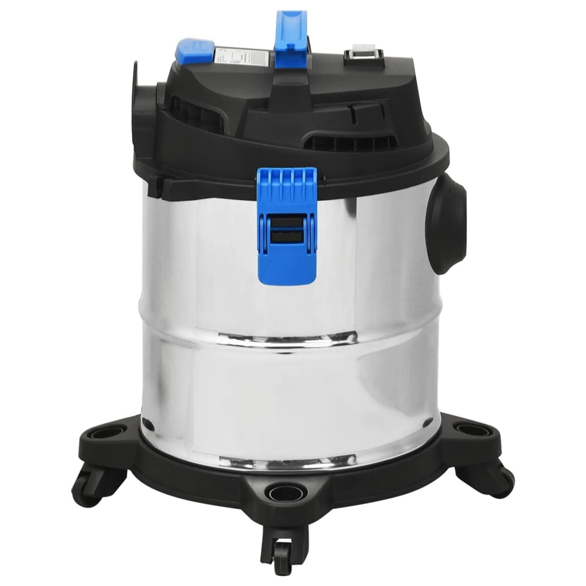 Se muestra una aspiradora de acero inoxidable con tapa negra. Tiene un asa azul y está sobre ruedas.