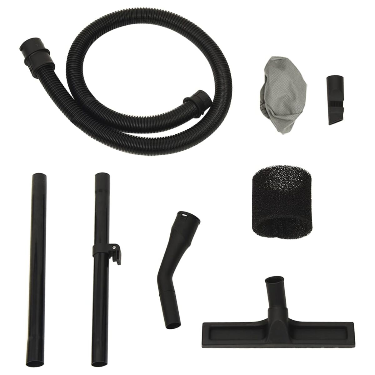 Accesorios de aspiradora, incluyendo mangueras, boquillas y cepillos, colocados sobre una superficie blanca.