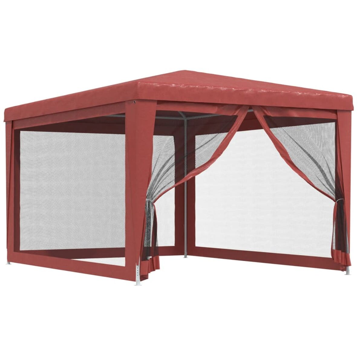 Roter Pavillon mit Netzvorhängen und Vorhängen. Weißer Rahmen. Der Hintergrund ist weiß.