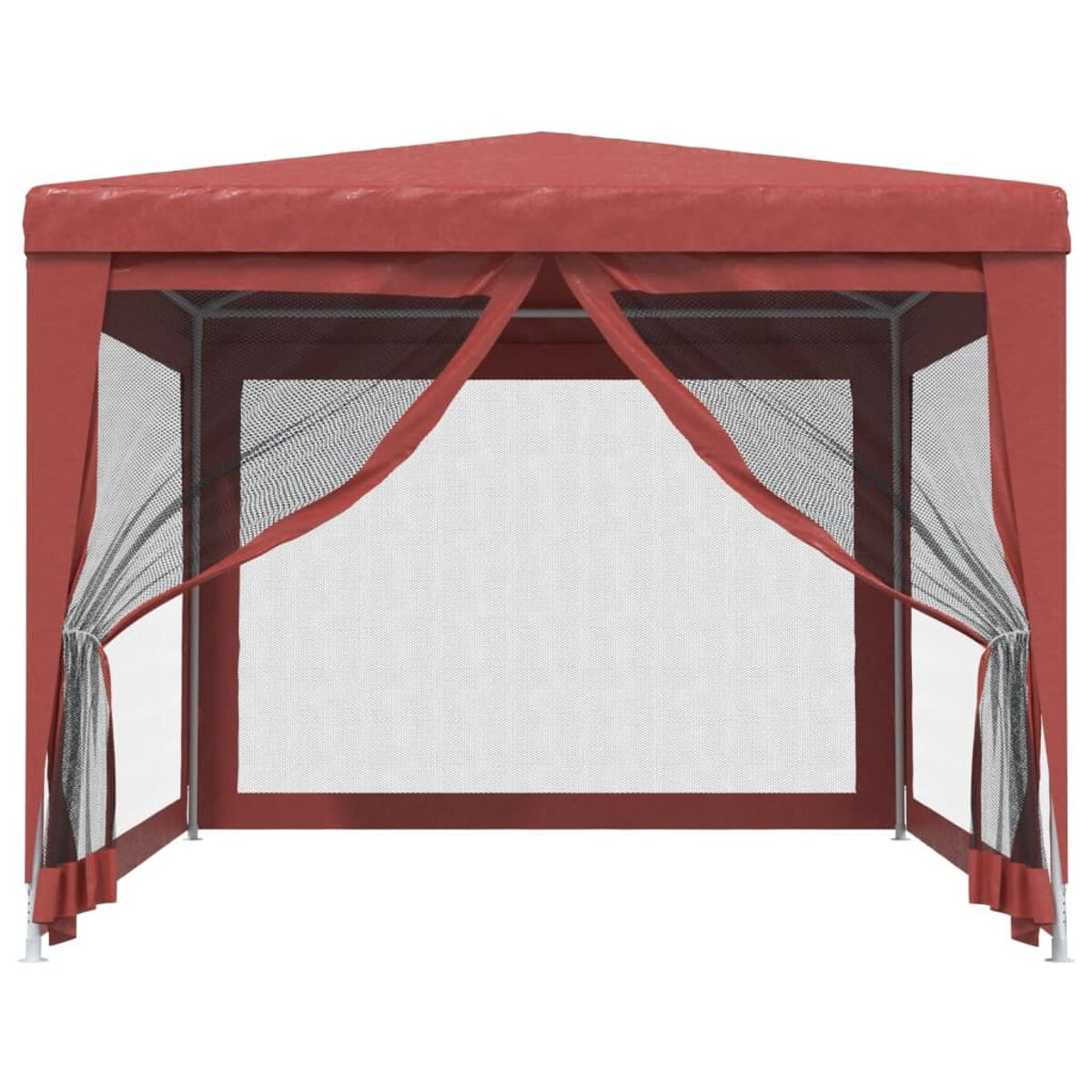 Roter Pavillon mit Netzseiten und roten Vorhängen. Weißer Rahmen. Draußen.
