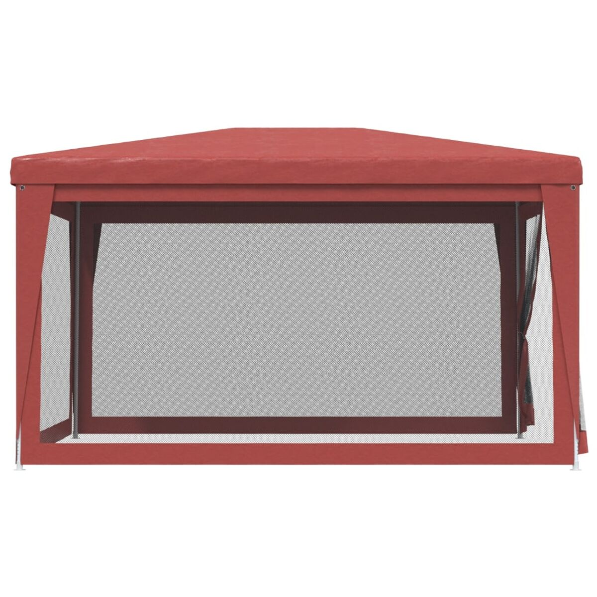 Ein roter, rechteckiger Pavillon mit Netzseiten und einem roten Dach.