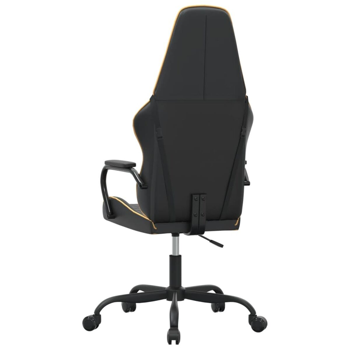 Schwarzer Gaming-Stuhl mit gelben Zierleisten, Rückseite und Räder.