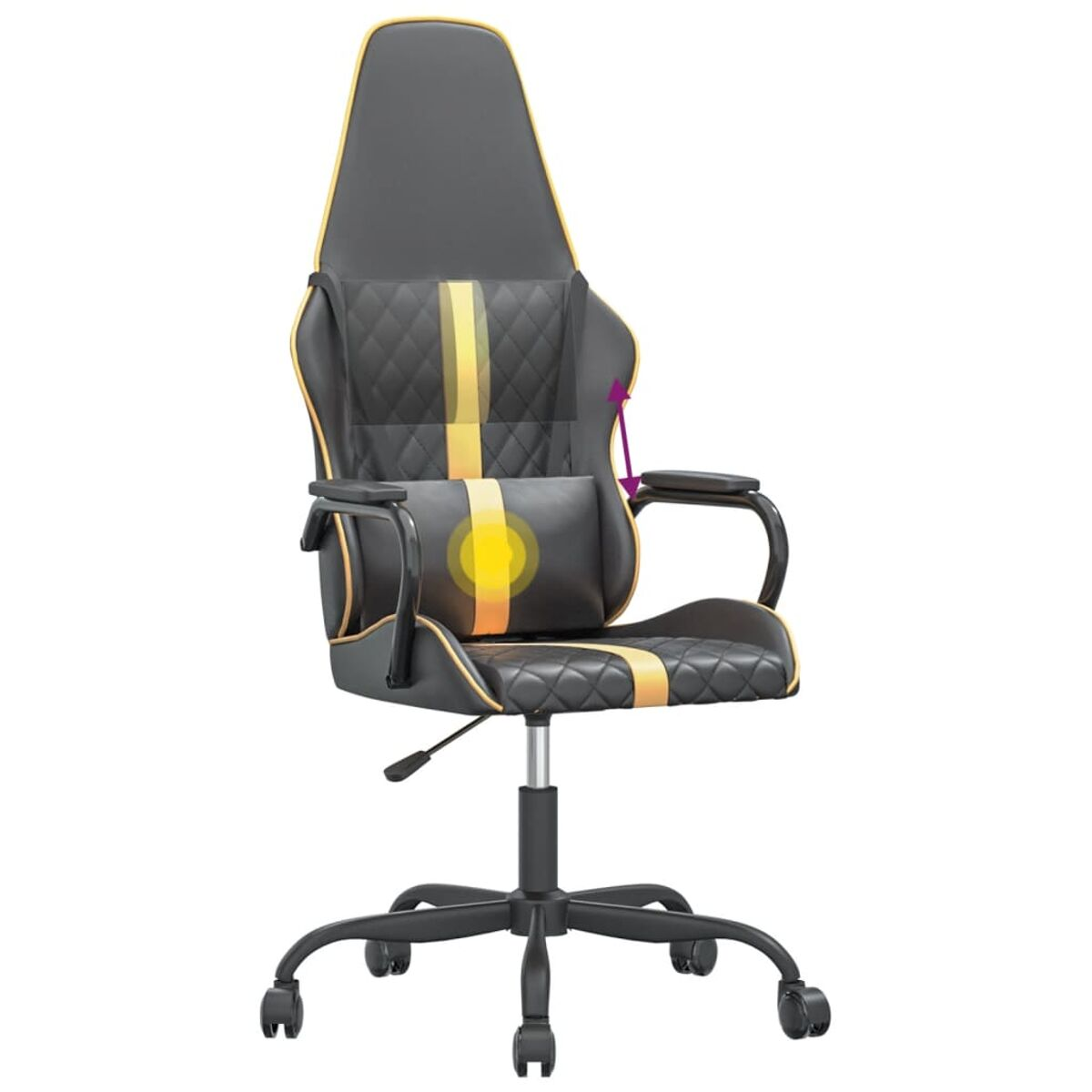 Gaming-Stuhl, schwarz mit gelben Streifen und Lendenwirbelstütze. Höhenverstellbar.
