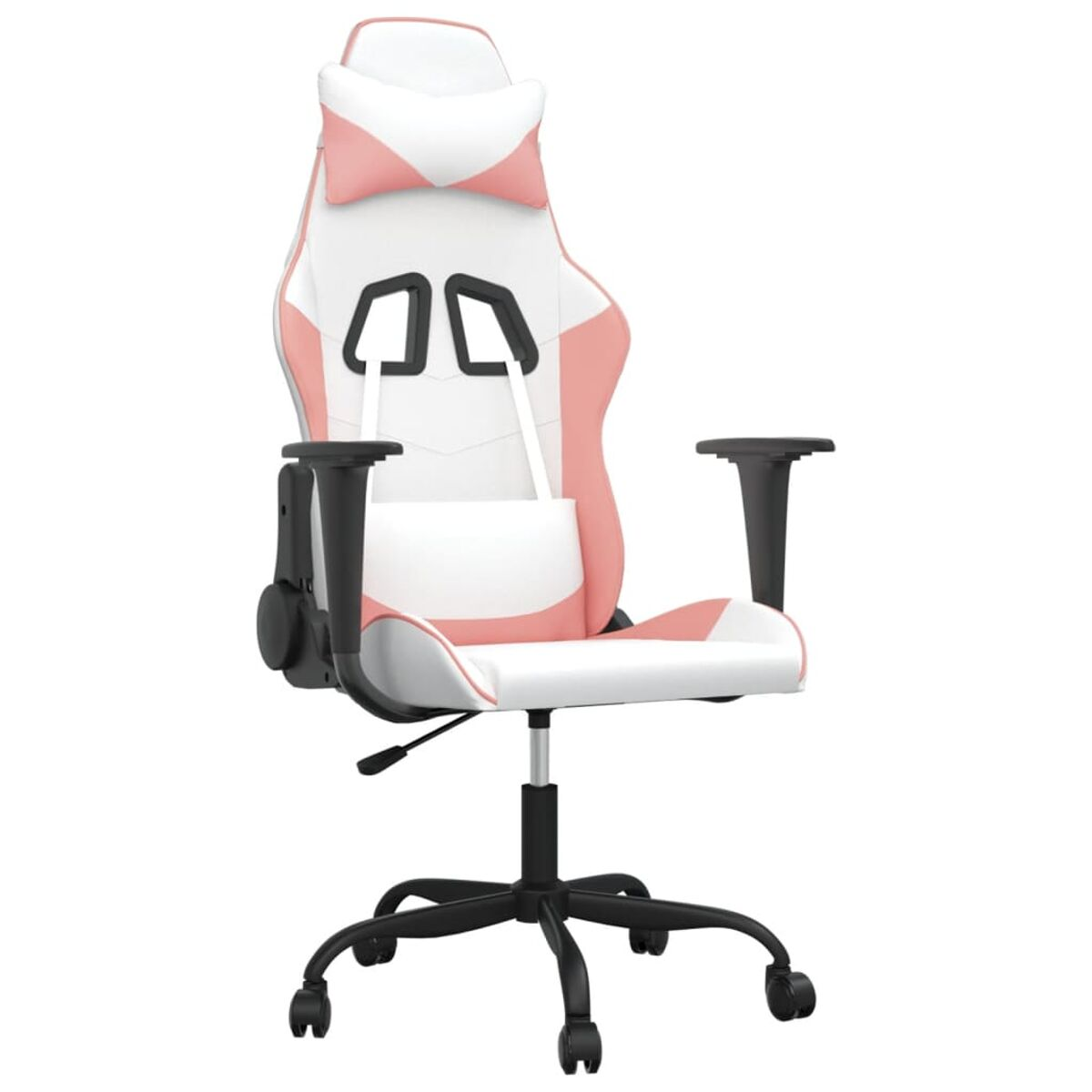 Gaming-Stuhl in Rosa und Weiß. Schwarzes Gestell und Armlehnen. Weißer Hintergrund.