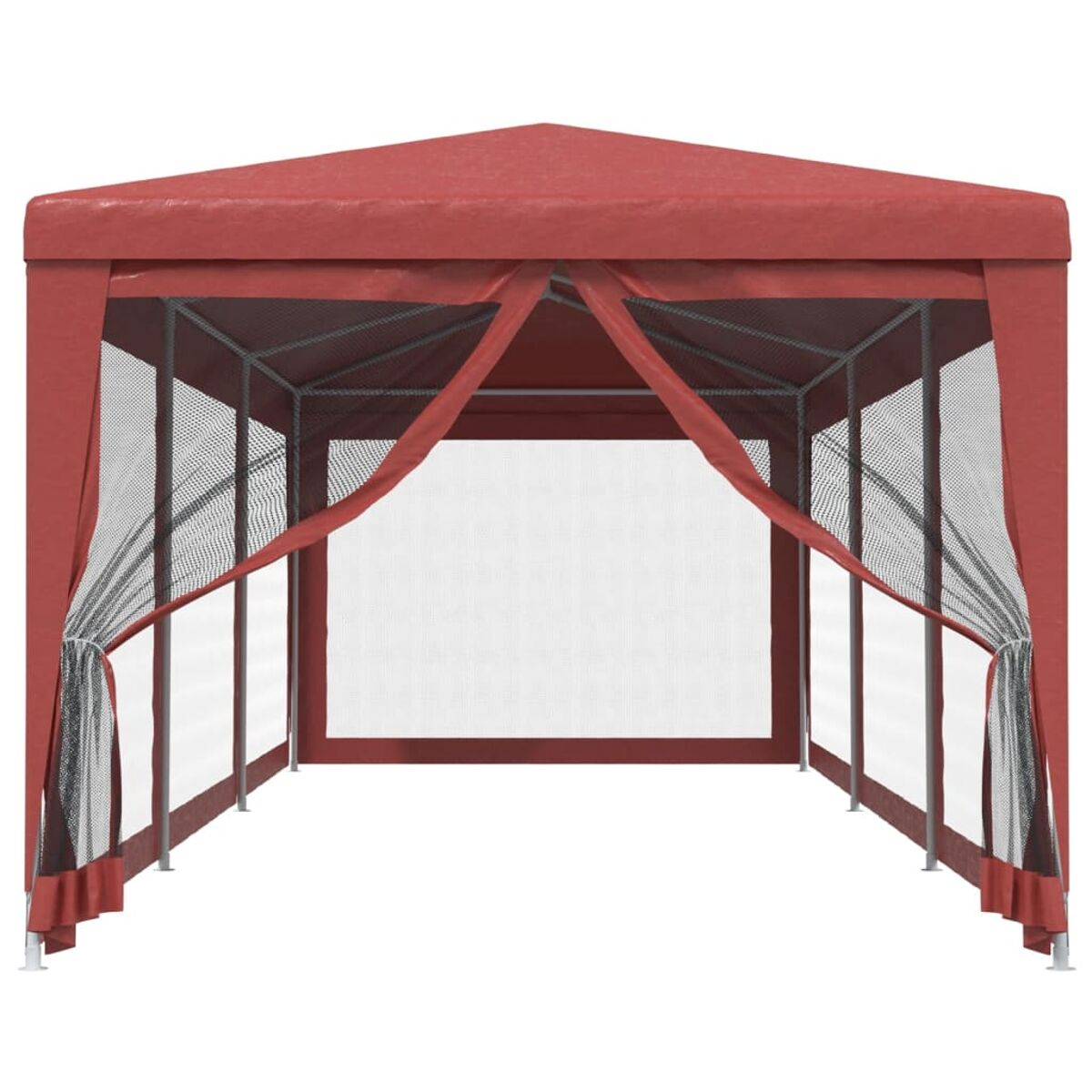 Ein roter Pavillon mit Netzseiten und Vorhängen, der einen schattigen Außenbereich bietet.