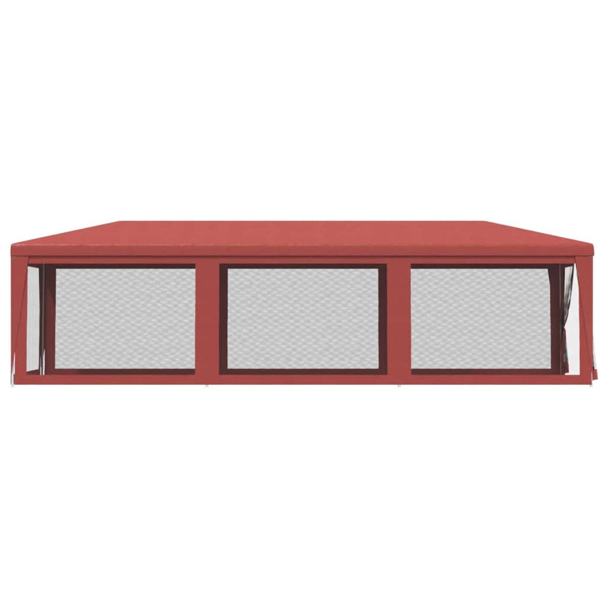 Ein roter Pavillon mit Netzfenstern, von vorne gesehen.