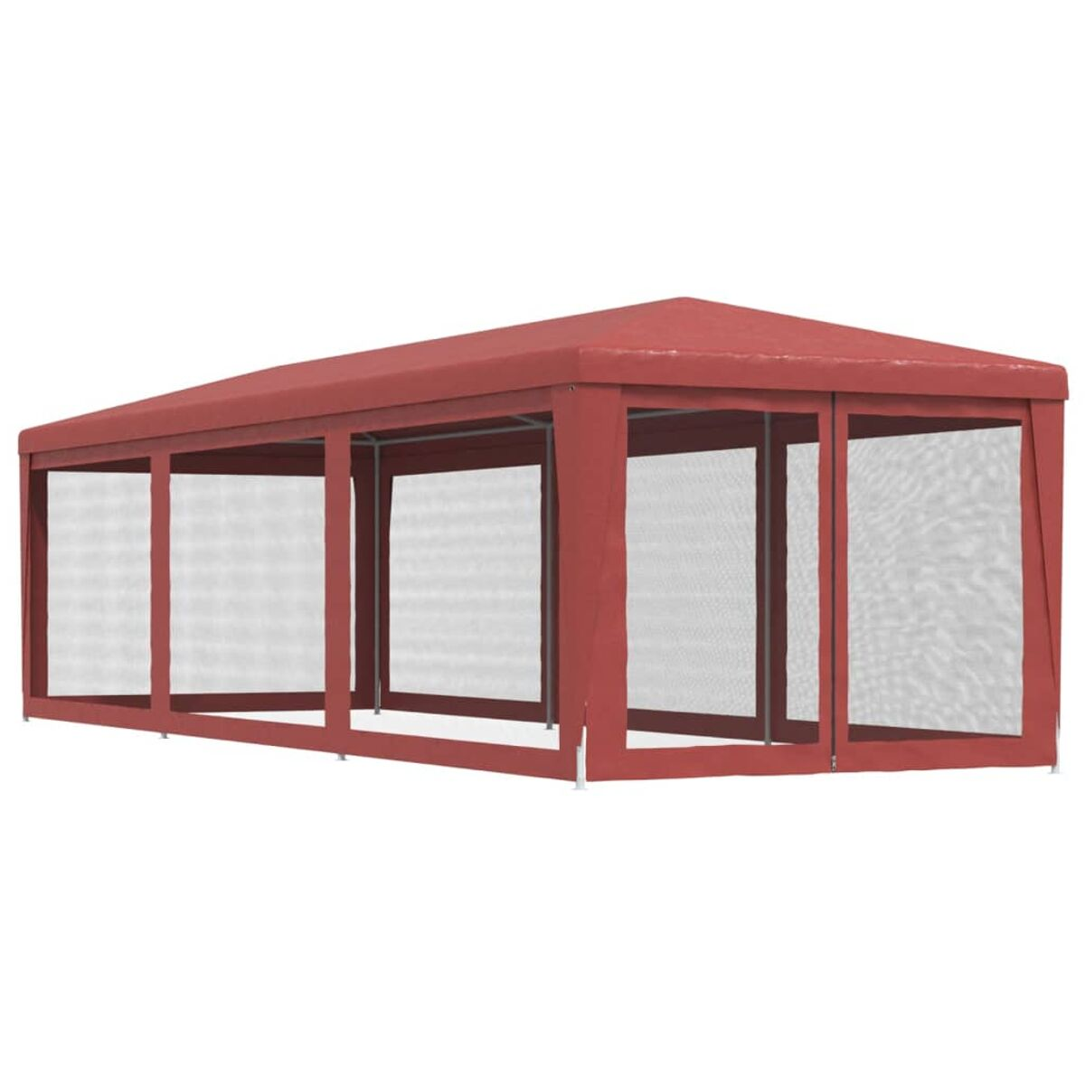 Roter rechteckiger Pavillon mit weißen Netzfenstern.