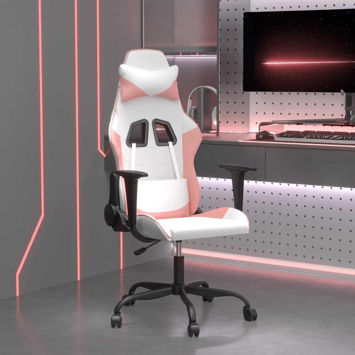 Ein pinkfarbener und weißer Gaming-Stuhl mit schwarzem Fuß und Rollen.