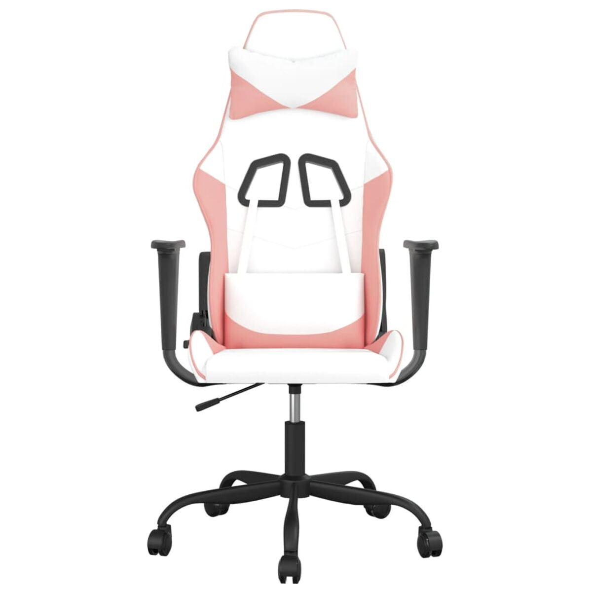 Rosa-weißer Gaming-Stuhl mit schwarzen Armlehnen, Rädern und schwarzem Gestell, auf Weiß.